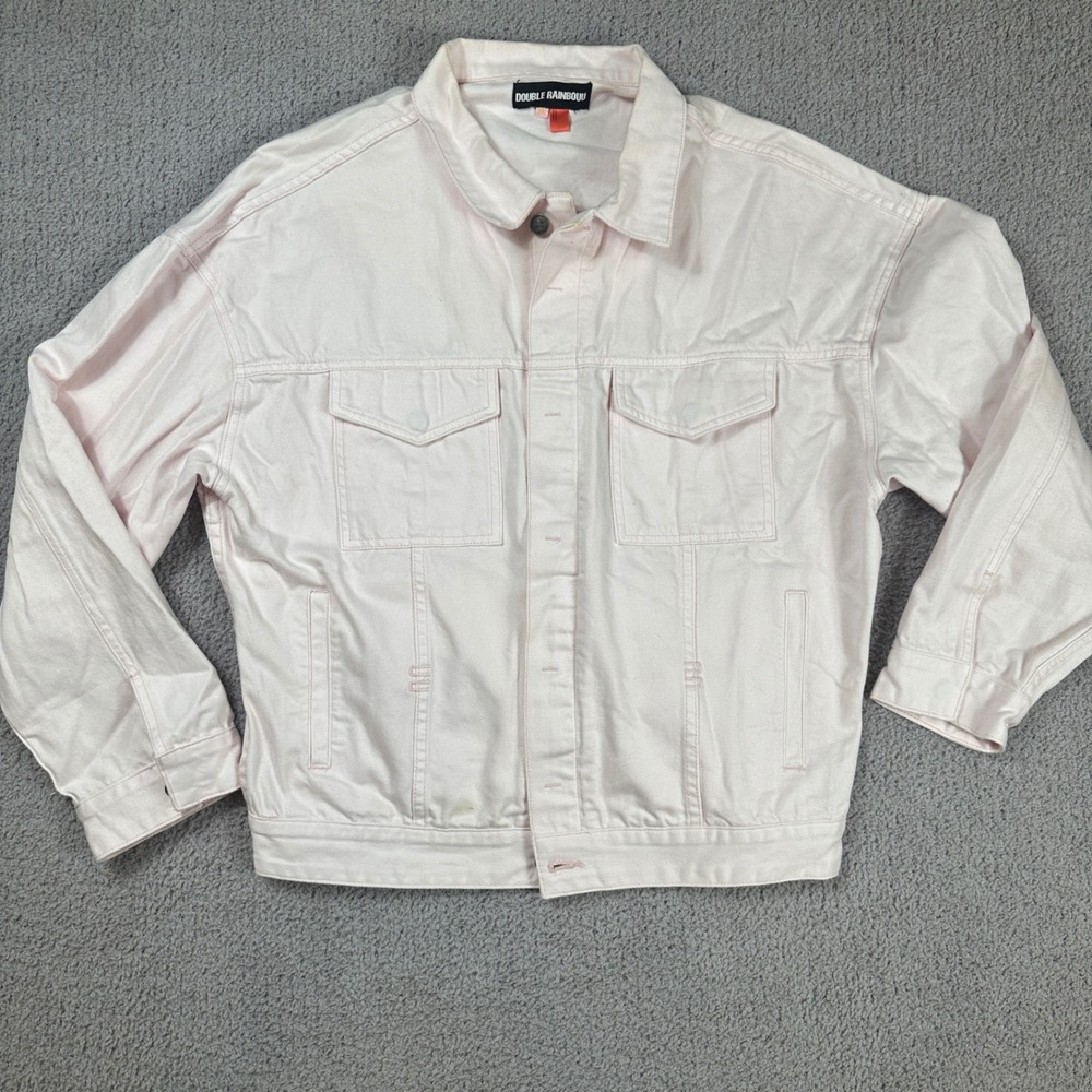 DOUBLE RAINBOUU Pink Denim Jacket Mens XL Trucker Style Button Front Jean Twill